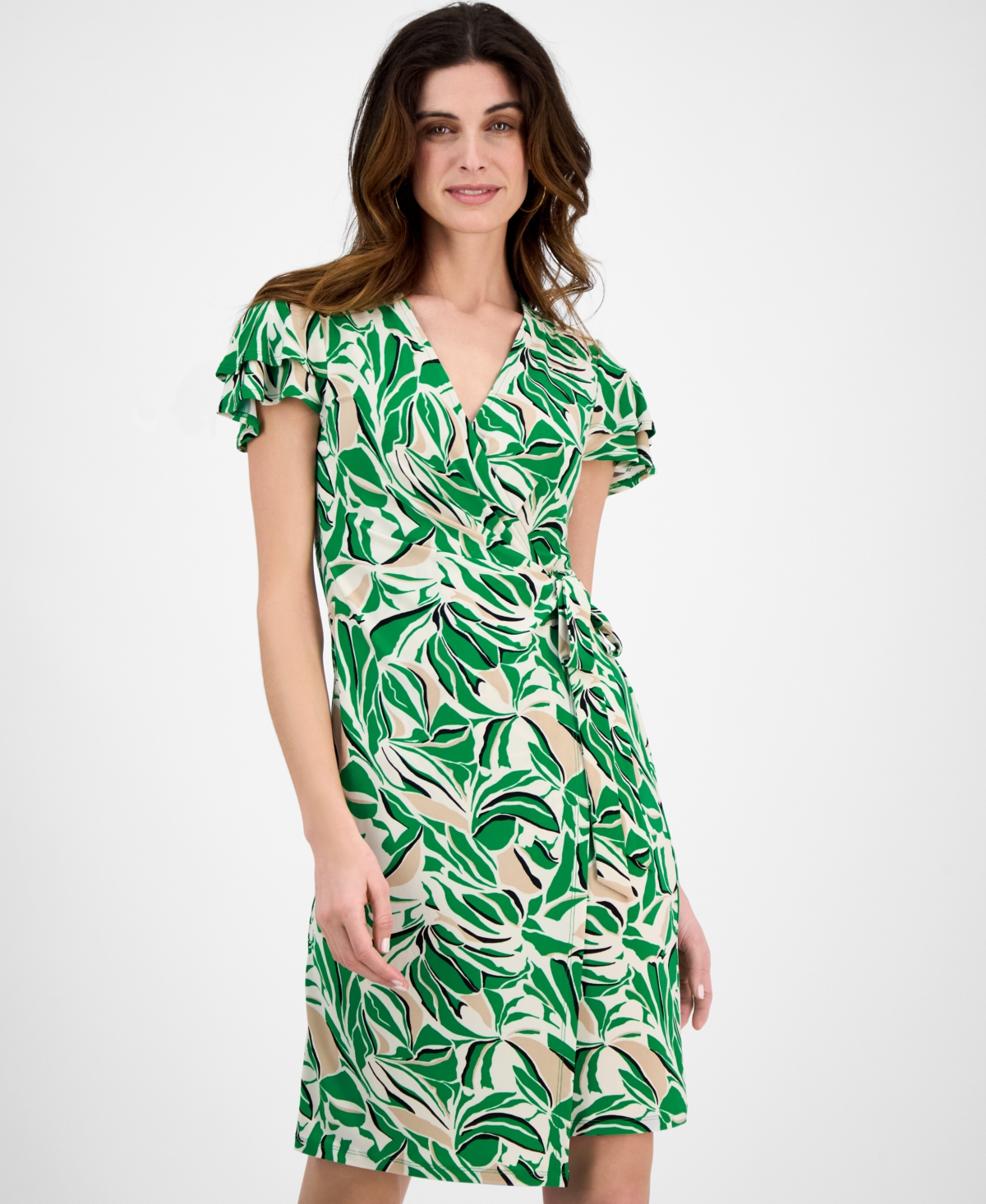 Anne Klein Abstract Print Flutter Sleeve Wrap Dress In White