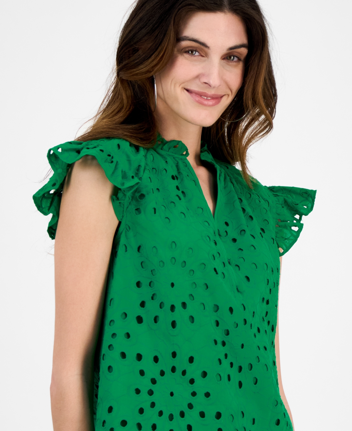 Shop Anne Klein Women's Cotton Flutter-sleeve Eyelet Blouse