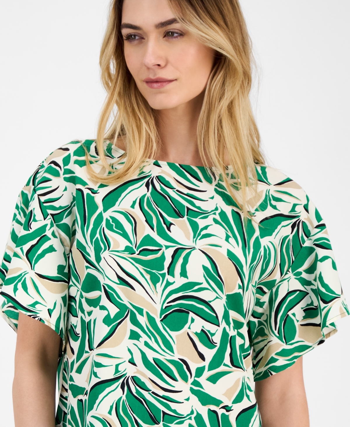 Anne Klein Boat Neck Flutter Sleeve Top In Tropical Green Multi