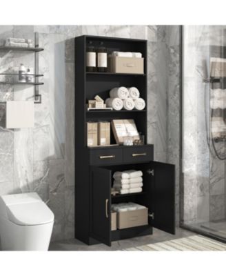 Bathroom Storage Cabinet, Cabinet with Two Doors and Drawers, Adjustable Shelf, Three-layer Open Shelf, MDF Board, Black