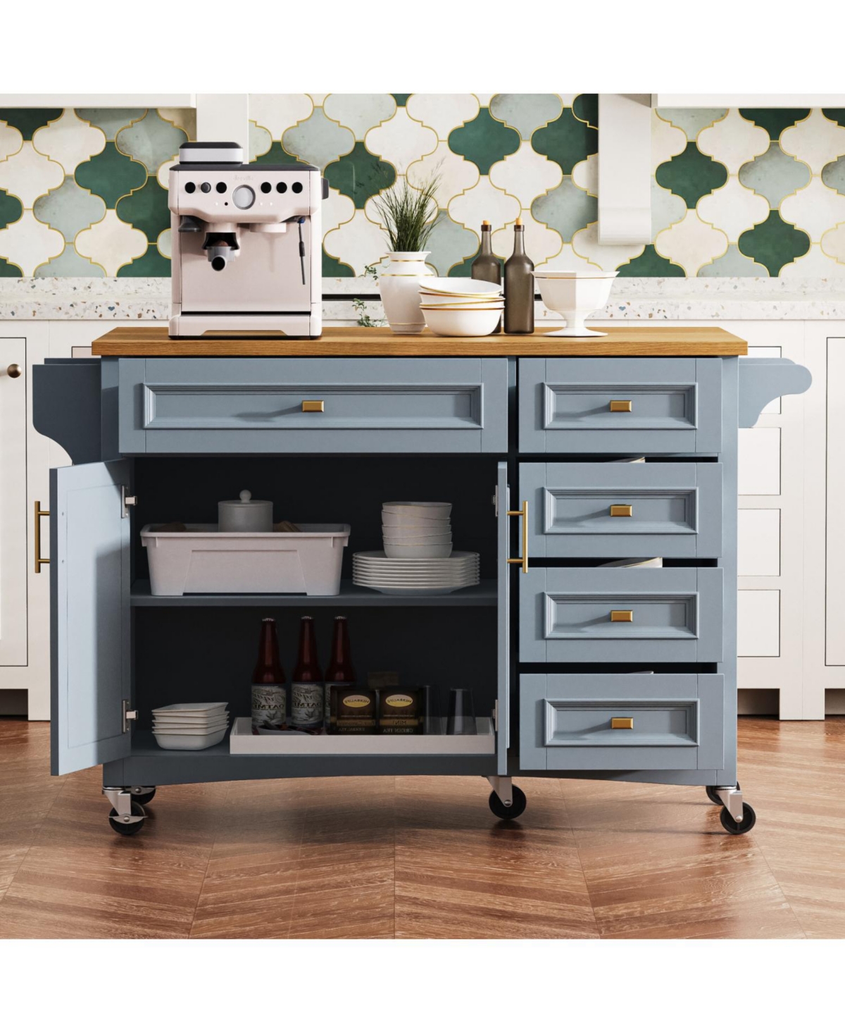 Streamdale 52" Kitchen Island with Drop Leaf, Spice Rack, Towel Rack, Storage Doors and Drawers, Adjustable Shelf