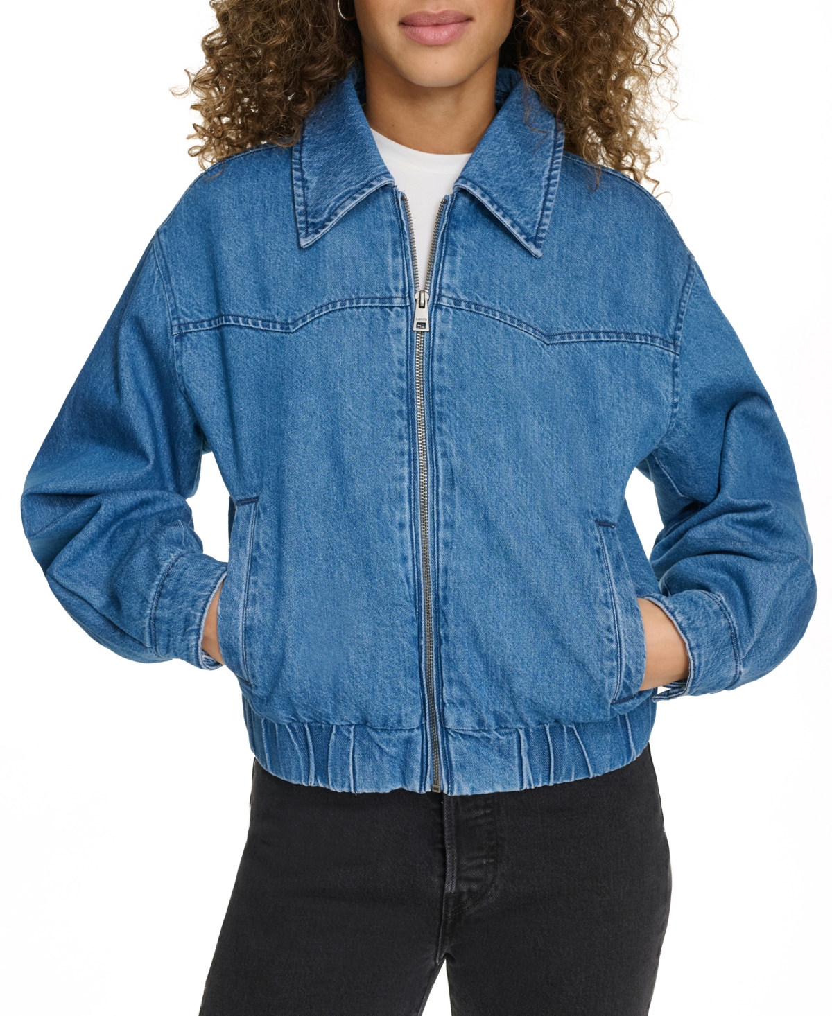 Levi's Women's Western Zip-front Denim Bomber Jacket In Medium Wash Denim