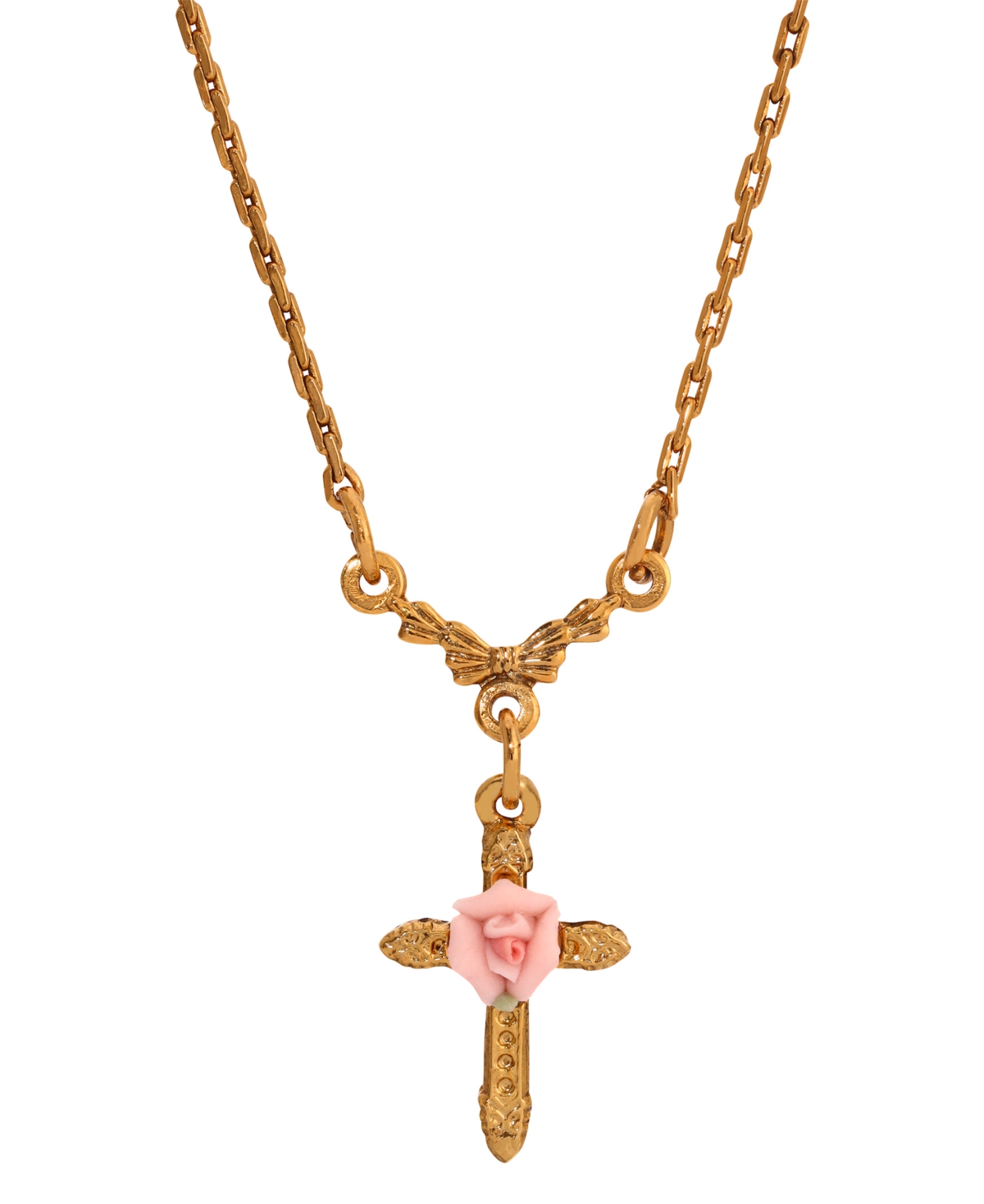 2028 Pink Porcelain Rose Cross Necklace In Pink