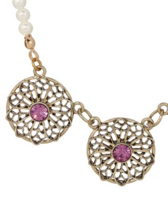 Faux Cultivated Pearl Purple Crystal Filigree Flower Necklace