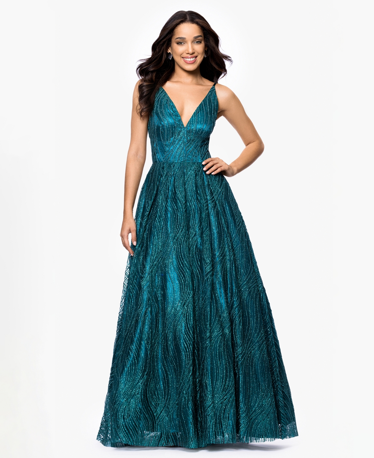 Juniors' Glitter-Mesh Cut-Out Gown - Teal