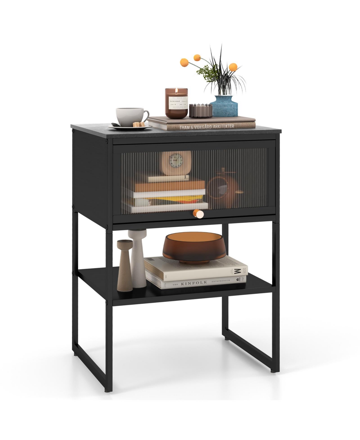 Nightstand with Flip up Door Storage Shelf - Black