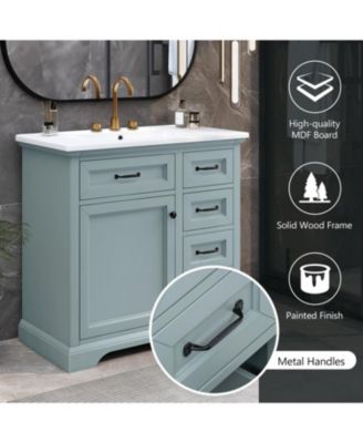 36" Rubberwood & MDF Tip-Out Drawers & Soft-Close Doors Bathroom Vanity with Ceramic Sink