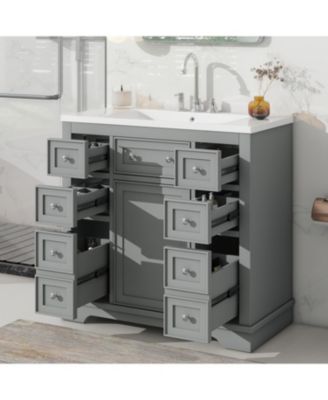 36" Bathroom Vanity with Sink Combo, One Cabinet and Six Drawers, Solid Wood and MDF Board, Grey