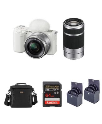 ZV-E10 Mirrorless Vlog Camera with 16-50mm Lens, Bundle with E 55-210mm f/4.5-6.3 OSS Lens, 64GB SD Card, Shoulder Bag, 49mm Filter