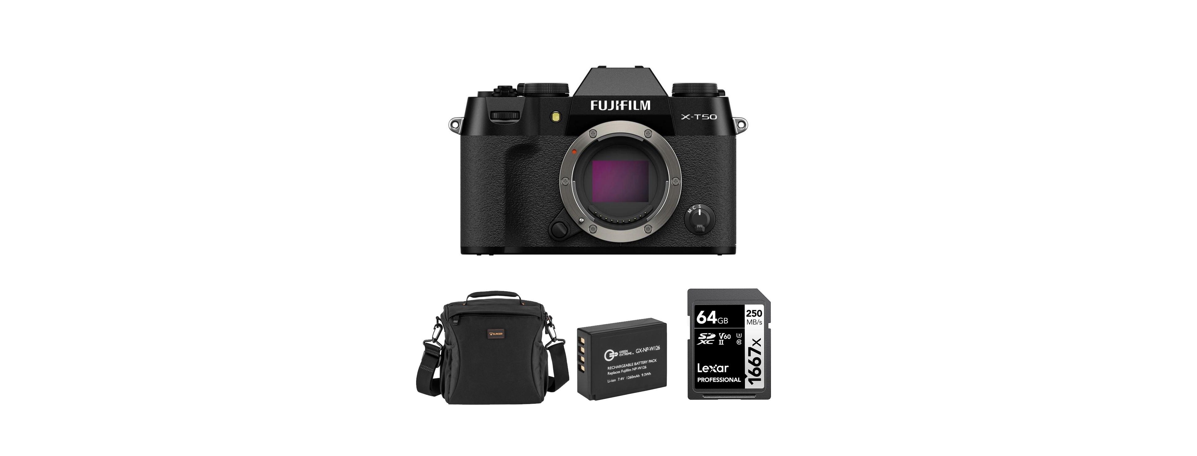 Fujifilm X-T50 Mirrorless Camera, Black, Bundle with Li-Ion Battery, 64GB Sdxc Memory Card and Shoulder Bag