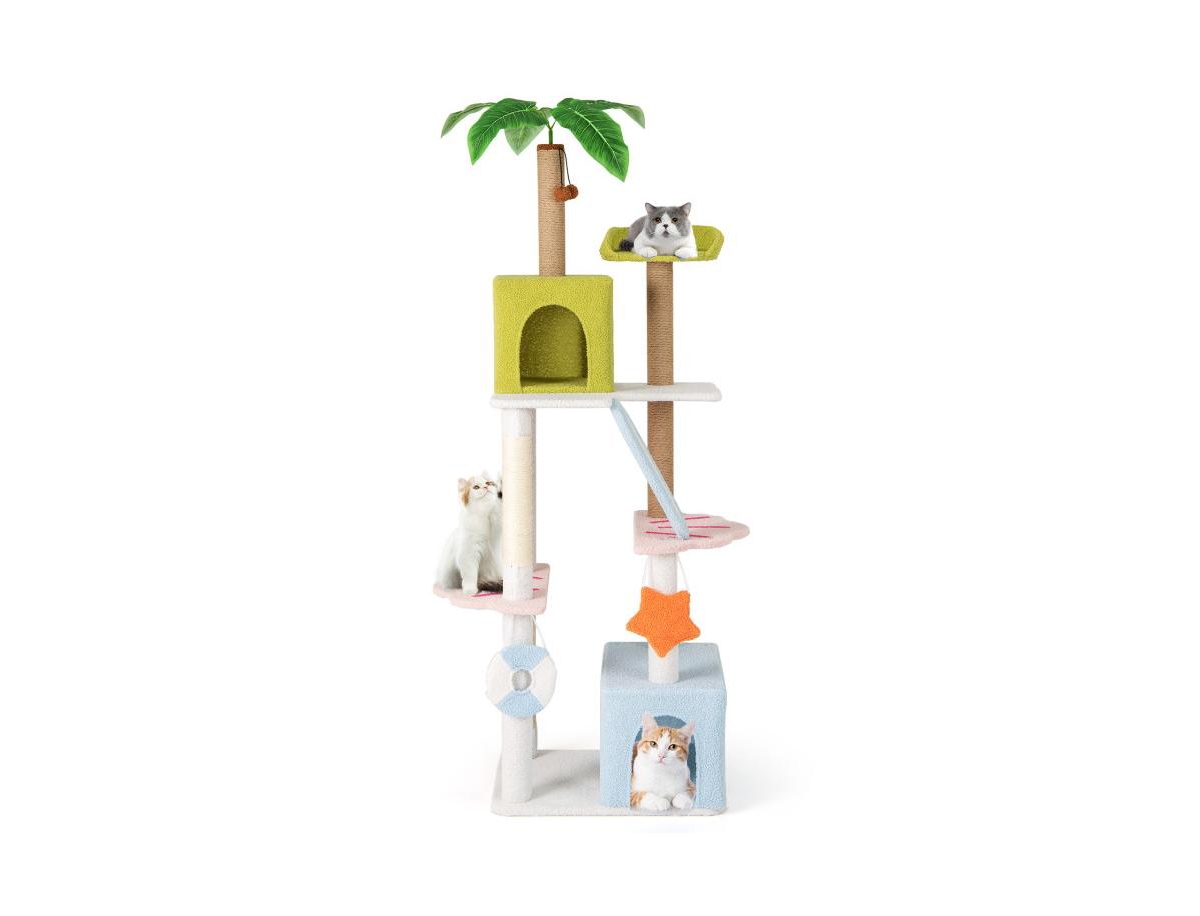 Multi-Level Beach-Themed Cat Tree Aesthetic & Fun Kitten Tower for Indoor Cats - Green, Blue