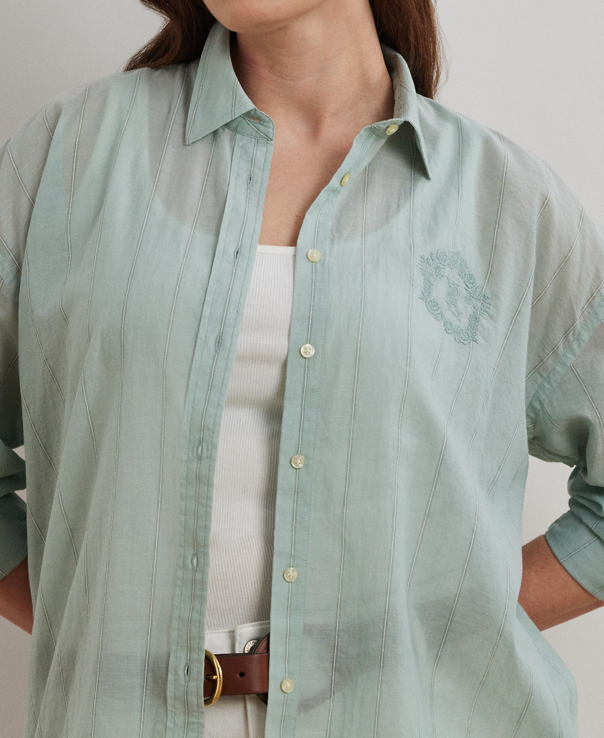Ralph Lauren Plus Size Oversize Striped Cotton Voile Shirt In Washed Sage Multi
