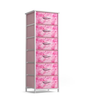 Narrow 6 Drawers Nightstand with Steel Frame, Wood Top, Easy Pull Fabric Bins