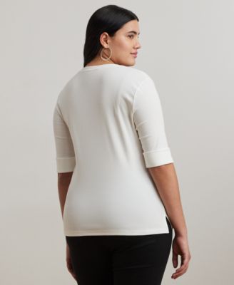 Plus Size Stretch Cotton Elbow-Sleeve V-Neck Tee
