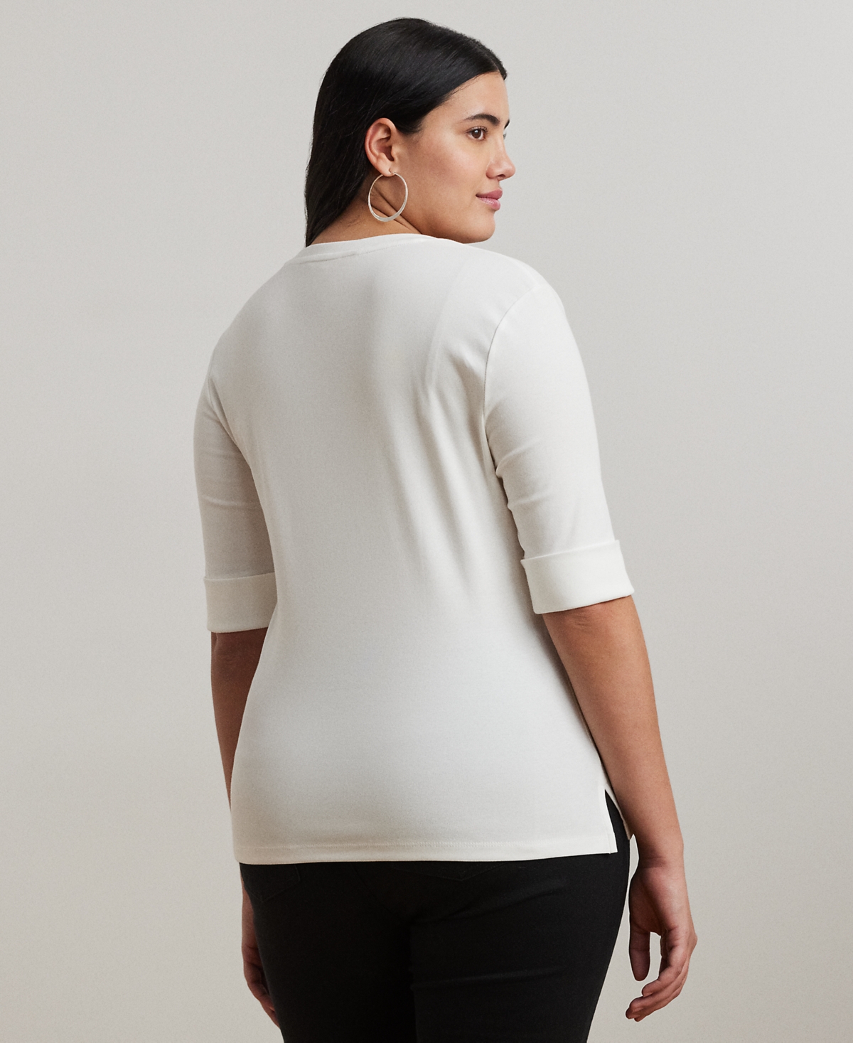 Shop Ralph Lauren Plus Size Stretch Cotton Elbow-sleeve V-neck Tee In White
