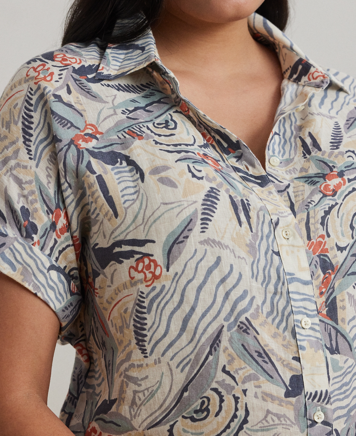 Ralph Lauren Plus Size Relaxed-fit Print Short-sleeve Linen Shirt In Cream Multi