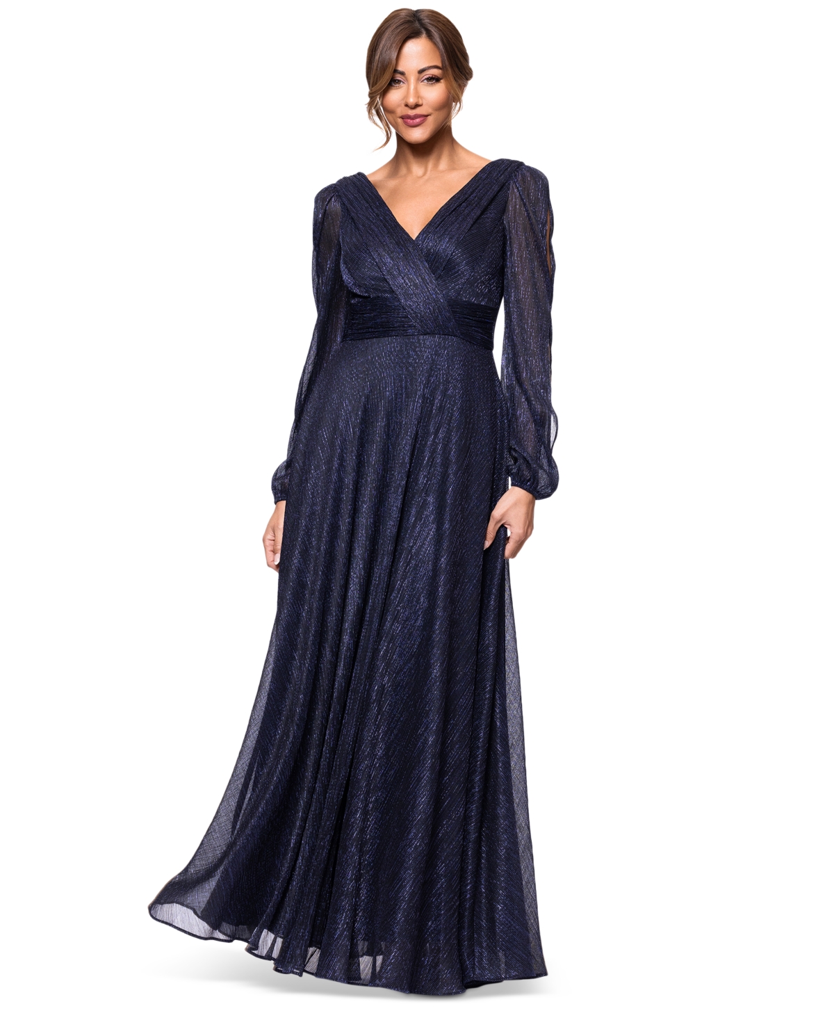 Petite Long-Sleeve V-Neck Crinkle Gown - Navy Royal