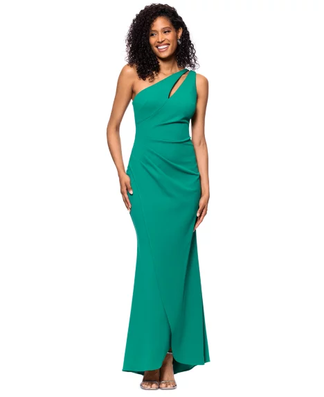 Women's Petite One-Shoulder Ruched Gown - Green