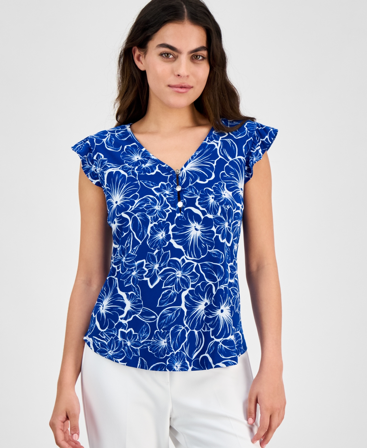 Petite Printed V-Neck Ruffle-Sleeve Blouse - Saturn Blue/Bright White