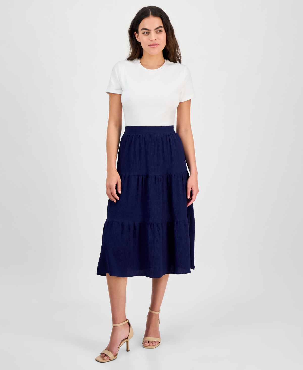 Shop Ak Anne Klein Petite Textured Three-tiered Pull-on Midi Skirt In Distant Mountain