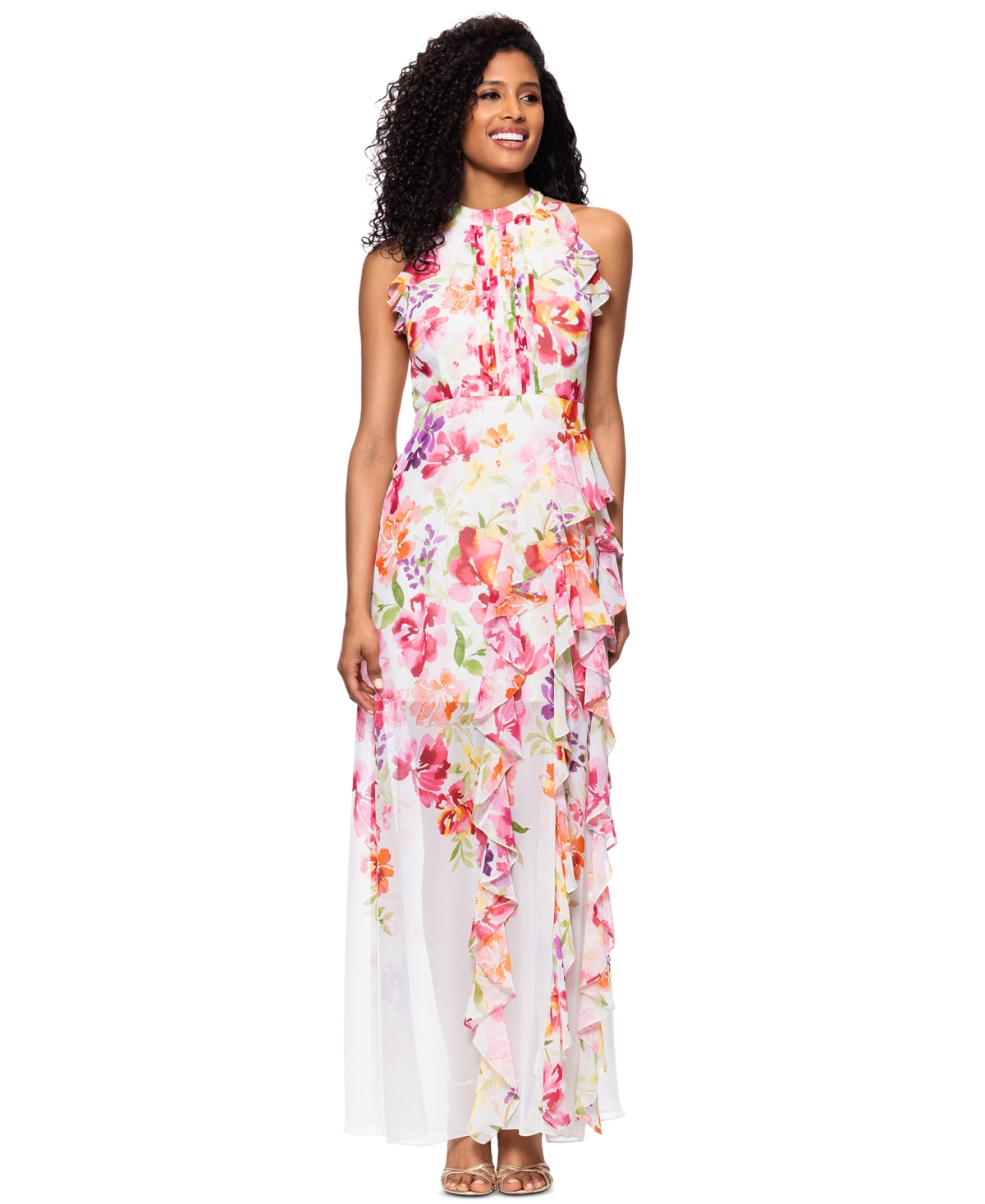Betsy & Adam Women's Floral Print Ruffled Sleeveless Gown In Pink Multi