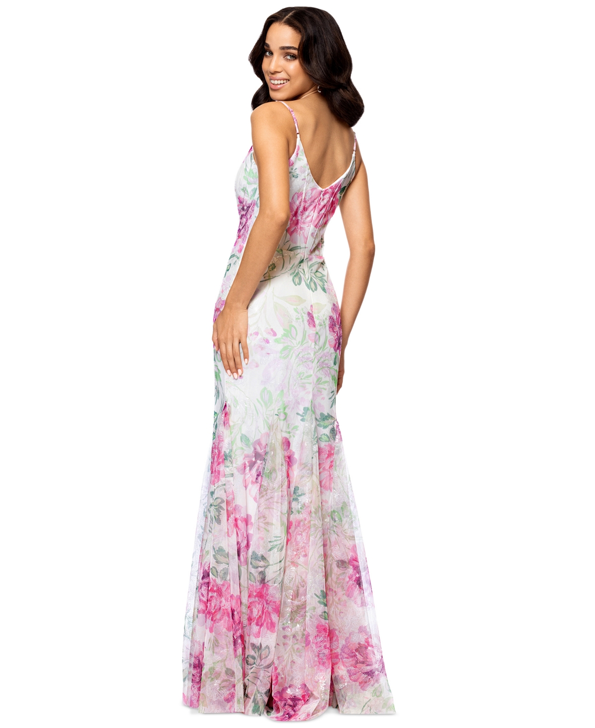Betsy & Adam Women's Sequin Floral Print Sleeveless Gown In Ivory,pink