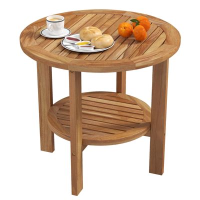 Patio Teak Wood End Table with Round Top and Lower Storage Shelf