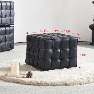 17.32"W Genuine Leather Tufted Ottoman,Footstool for Living Room & Bedroom,Black Color