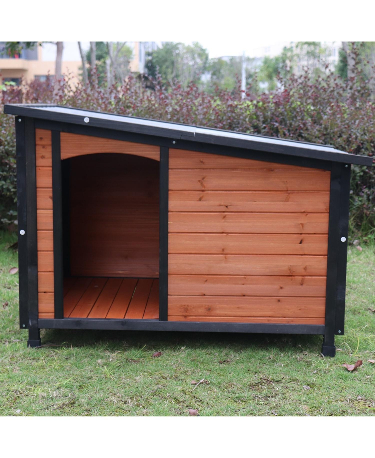Wooden Dog Kennel for Winter with Raised Feet Weatherproof for Large Dogs - Brown body with black top