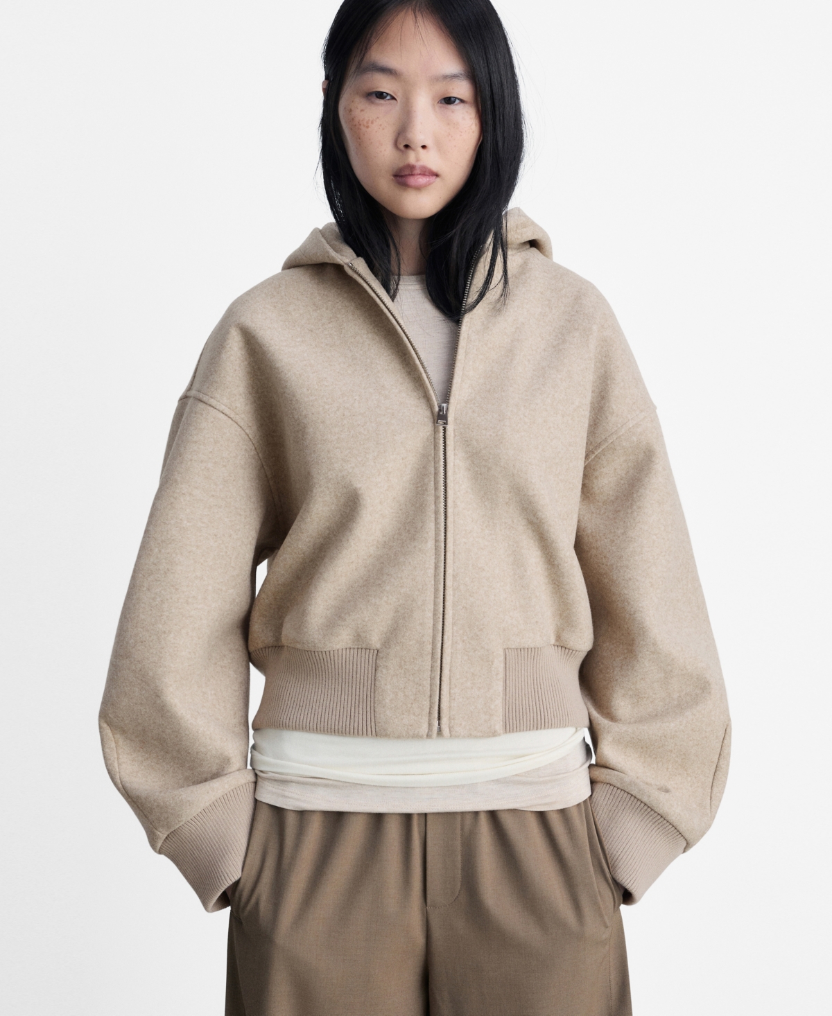 Mango Crop Full Zip Hoodie In Sand