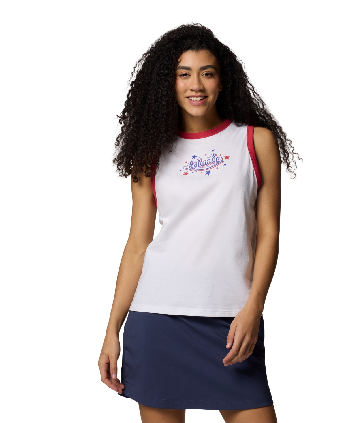 Women's Rolling Bend Graphic Ringer Tank Top - White, Elevated Patriot