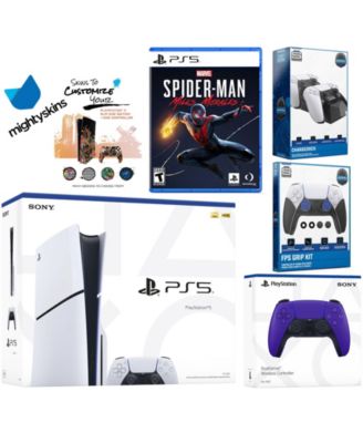 Playstation 5 Slim Disc Bundle with Spider-Man: Miles Morales, Extra Cosmic Red Controller, FPS Grip Kit, Dual Charge Dock and MightySkins Decal