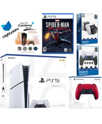 Playstation 5 Slim Disc Bundle with Spider-Man: Miles Morales, Extra Nova Pink Controller, FPS Grip Kit, Dual Charge Dock and MightySkins Decal V