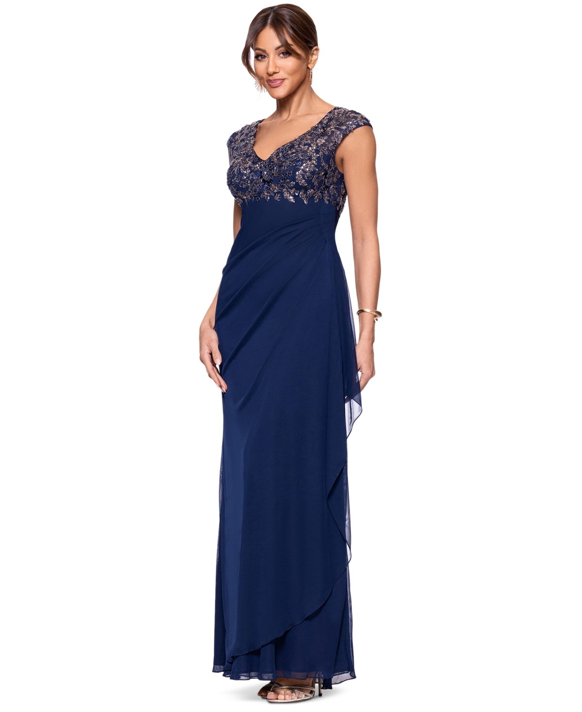 Xscape Petite Beaded Ruched-back Gown In Navy,gunmetal