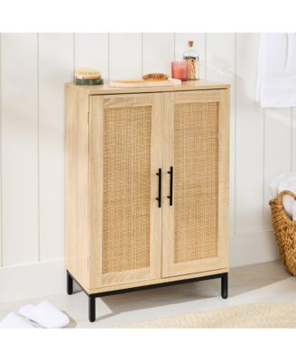 2-Door Natural Rattan 34 x 24in Storage Cabinet for Bathroom, Living, Dining w/ Adjustable Shelves