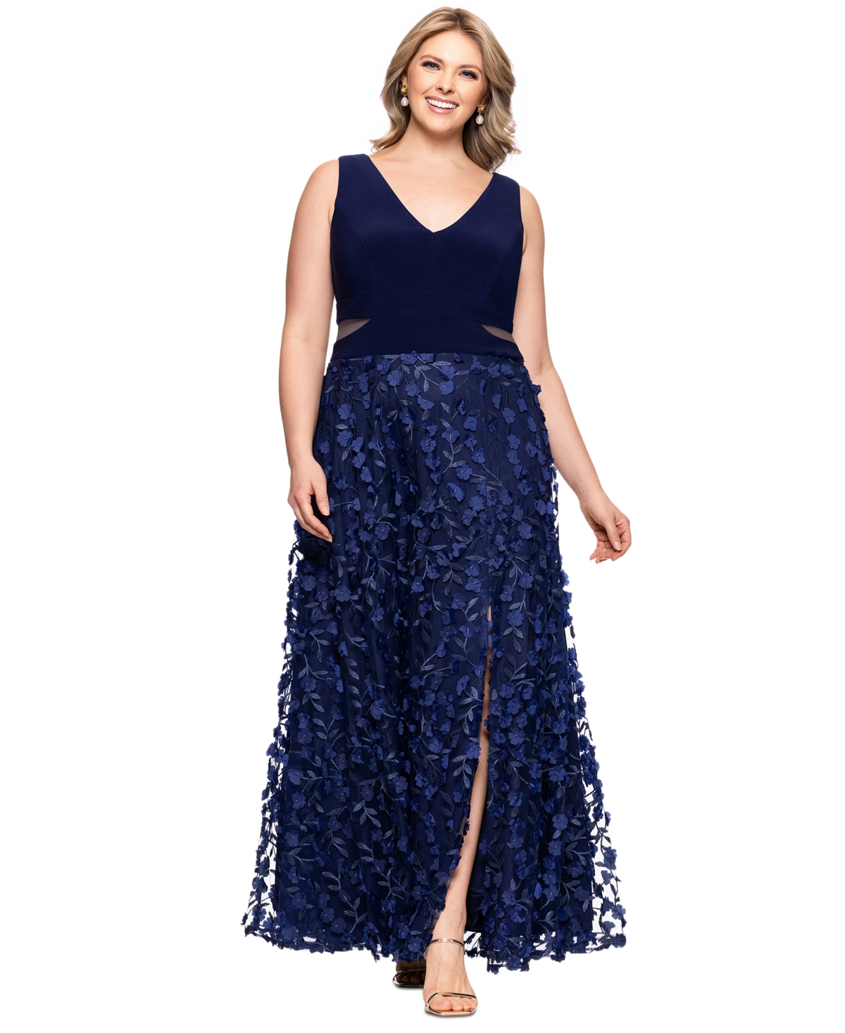 Plus Size 3D-Flower-Skirt Gown - Navy