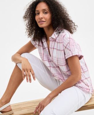 売れ筋商品|||スタイルアンドコー カットソー トップス レディース Women's Plaid Cotton Gauze Camp Shirt, Exclusively at Macy's Plaid Aqua Style & Co Women's Plaid Cotton Gauze Camp Shirt