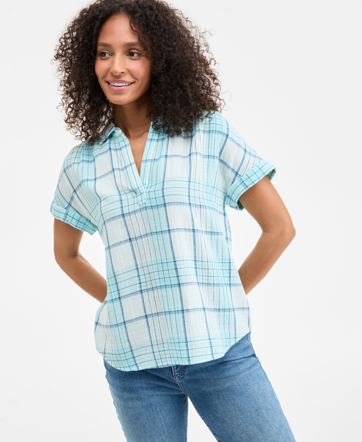 Women's Plaid Cotton Gauze Camp Shirt, Exclusively at Macy's - Plaid Pink