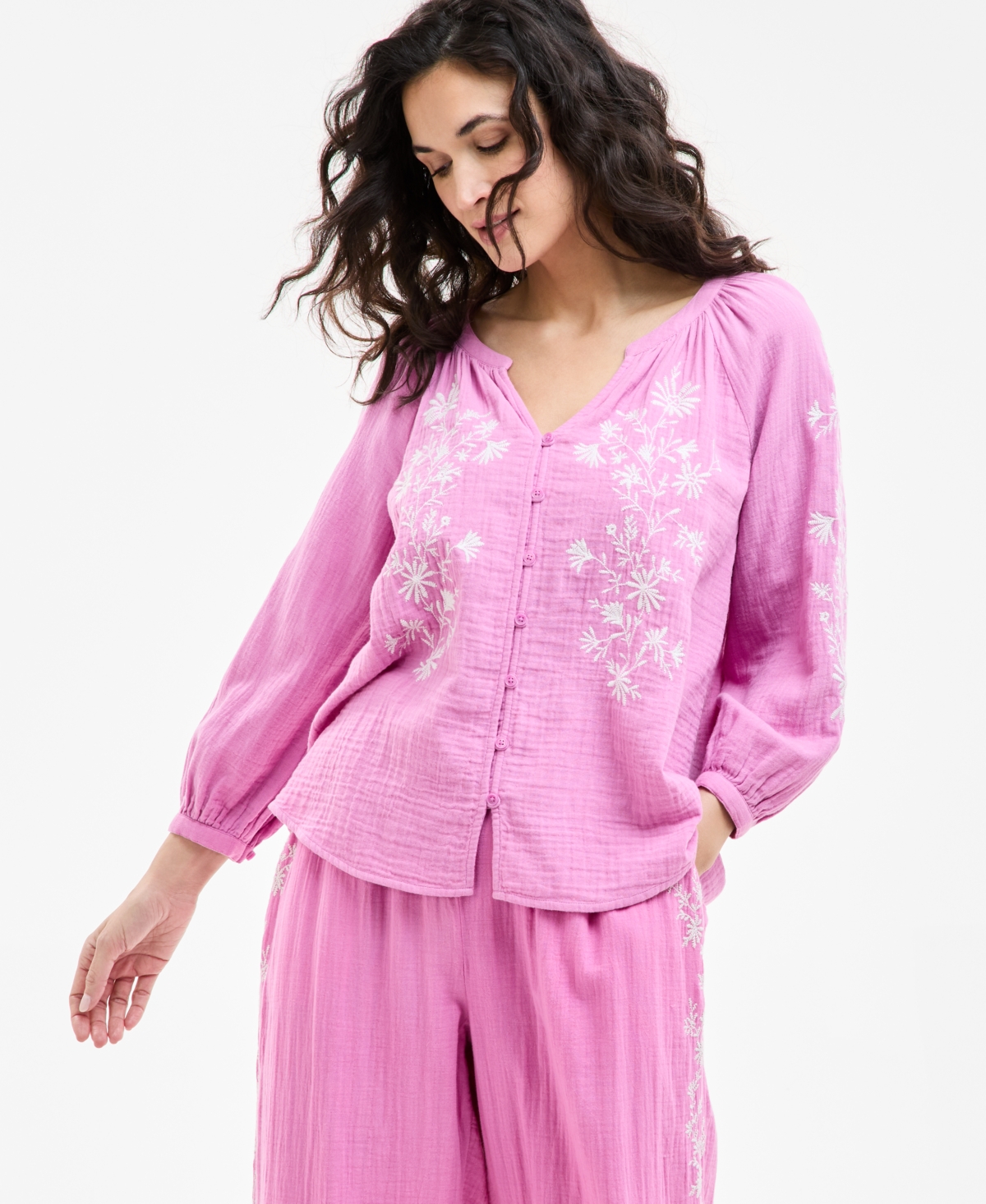 Petite Cotton Textured Floral-Embroidered Blouse, Exclusively at Macy's - Emb Sugar