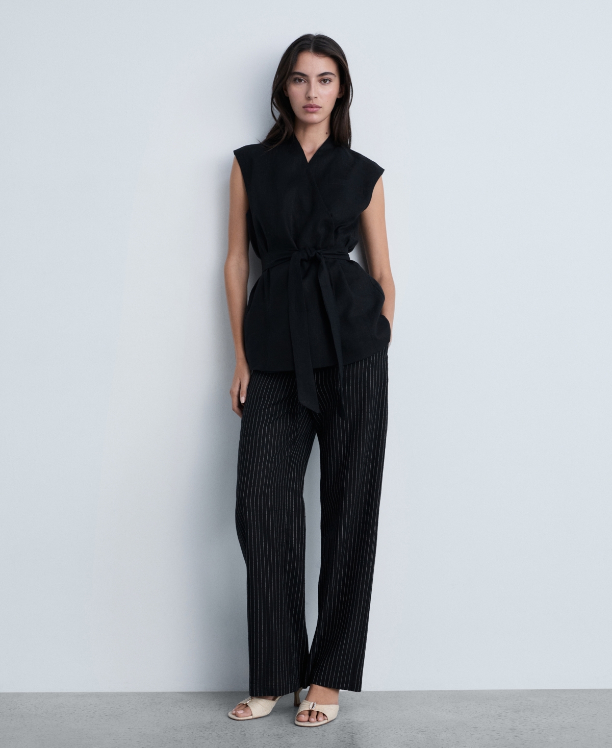 Mango Straight Striped Trousers Black In Black