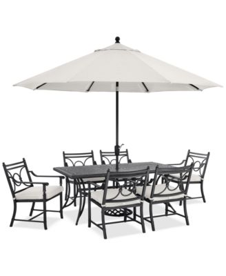 Agio Wythburn Outdoor Dining 7pc Set (72x38" Table & 6 Scroll Dining Chairs) - Pearl White / Pewter