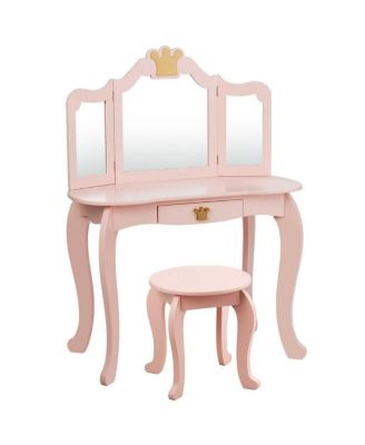 Kids Makeup Dressing Table with Tri-folding Mirror and Stool - Pink