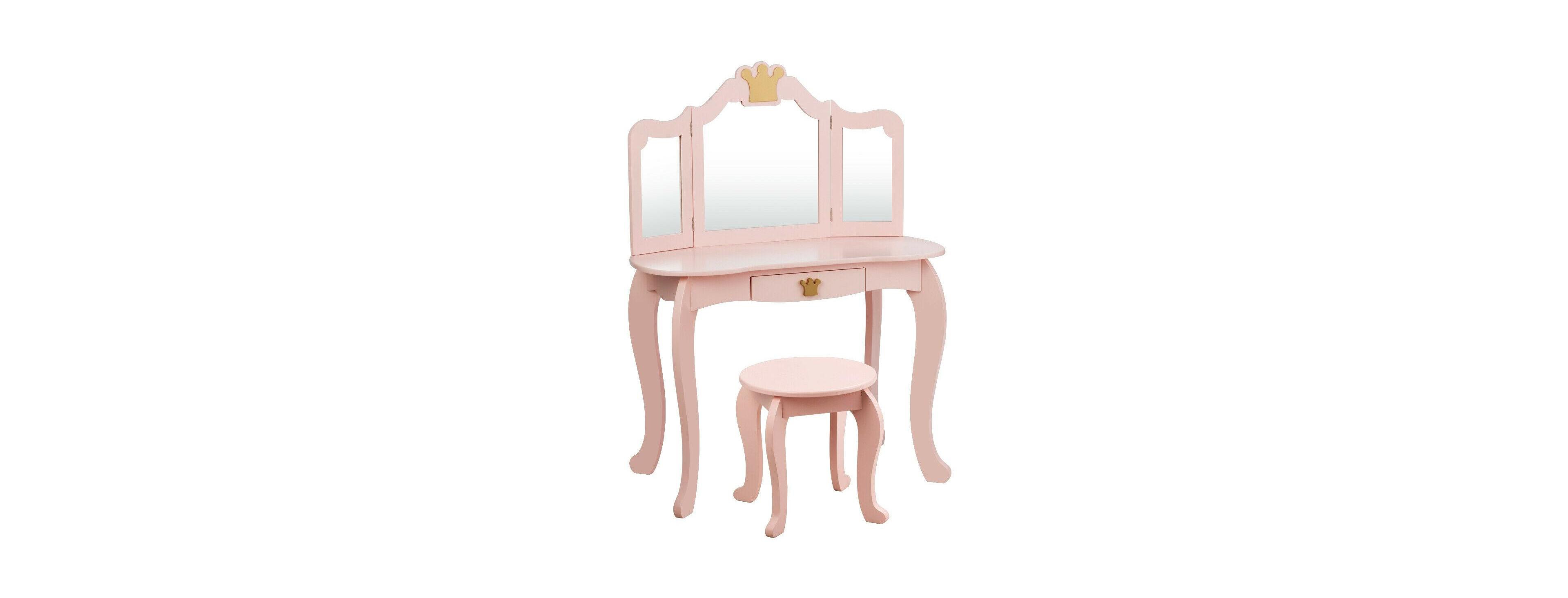 Kids Makeup Dressing Table with Tri-folding Mirror and Stool
