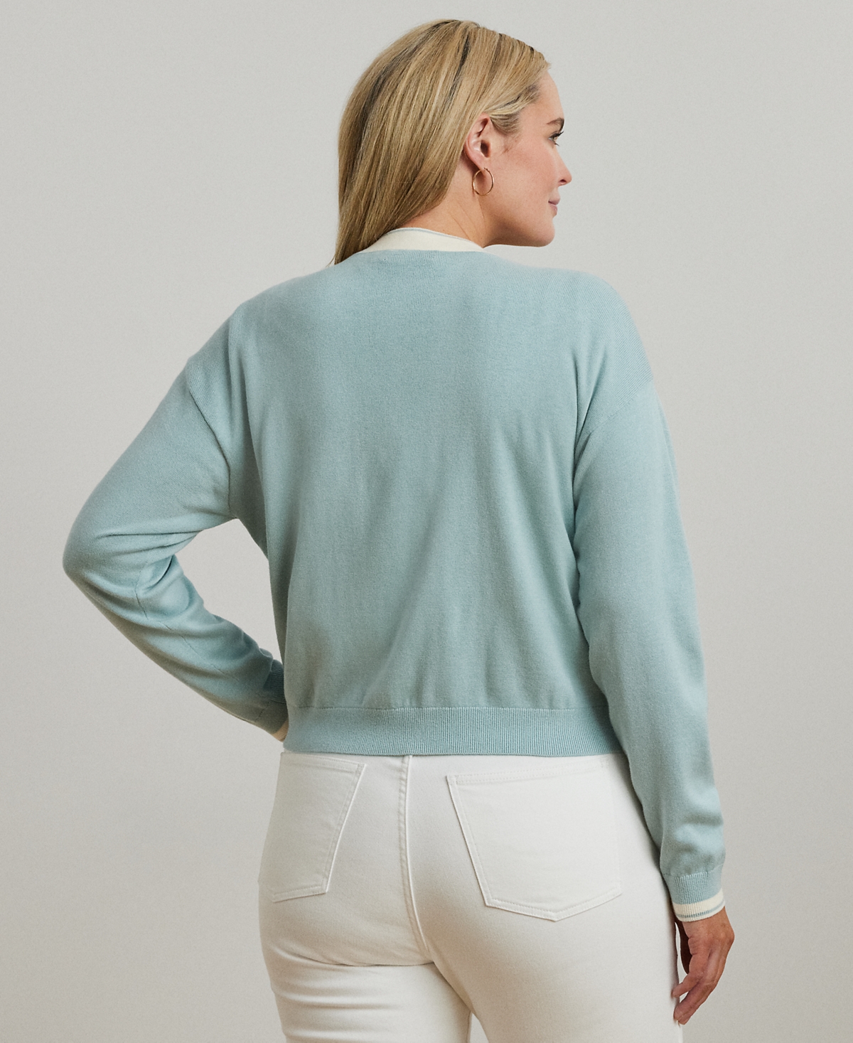 RALPH LAUREN PLUS SIZE TWO-TONE COTTON-BLEND CARDIGAN 