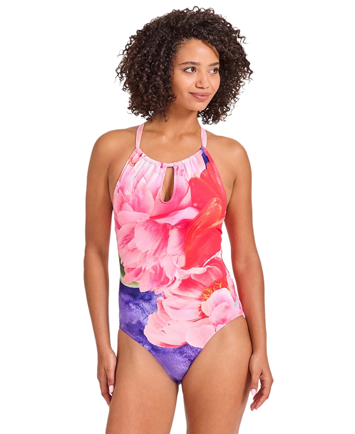 Women's Floral-Print Keyhole-Cutout Swimsuit - Touch Of Pink
