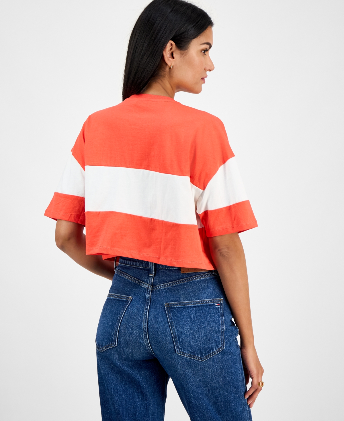 Tommy Jeans Women's Colorblock Cotton Crop T-shirt In Bright Vermillion,multi