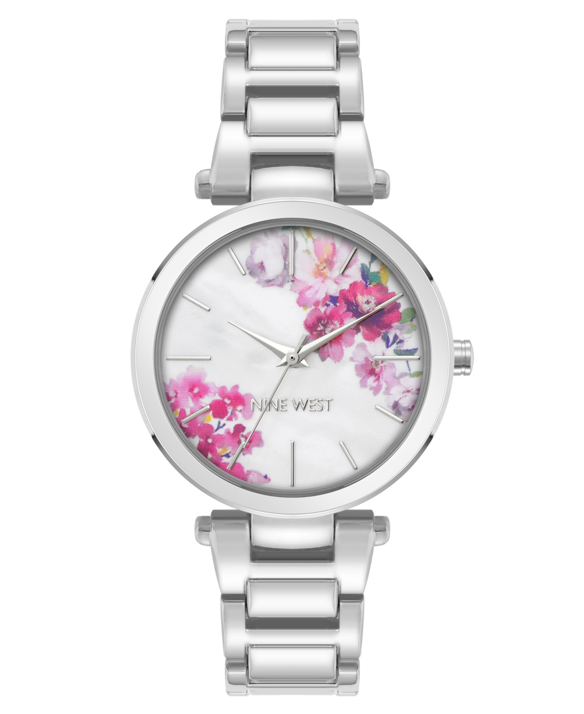 Women's Quartz Silver-Tone Metal Alloy White Floral Dial Watch, 36mm - White, Silver-Tone