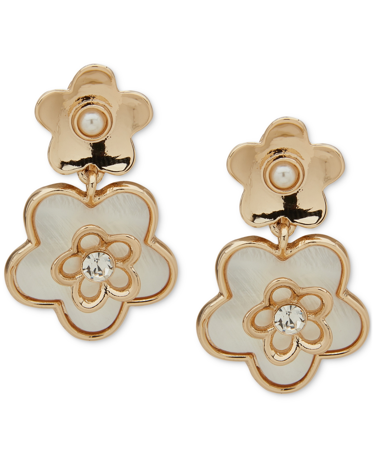 Gold-Tone Mother of Pearl Crystal Flower Clip On Earrings - Pearl