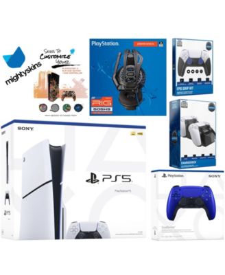 Playstation 5 Slim Disc Bundle with Extra Chroma Teal Controller, Plantronics Headset, FPS Grip Kit, Dual Charge Dock and MightySkins Decal Vouch