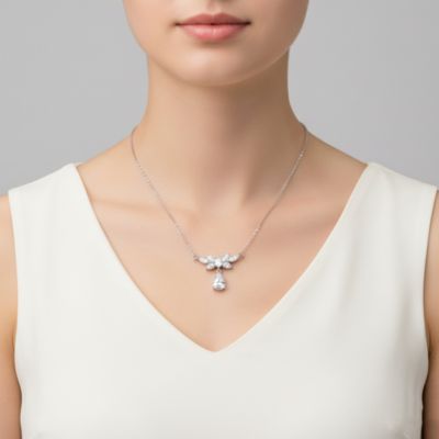 Sterling Silver White Gold Plated with Clear Cubic Zirconia Teardrop Necklace